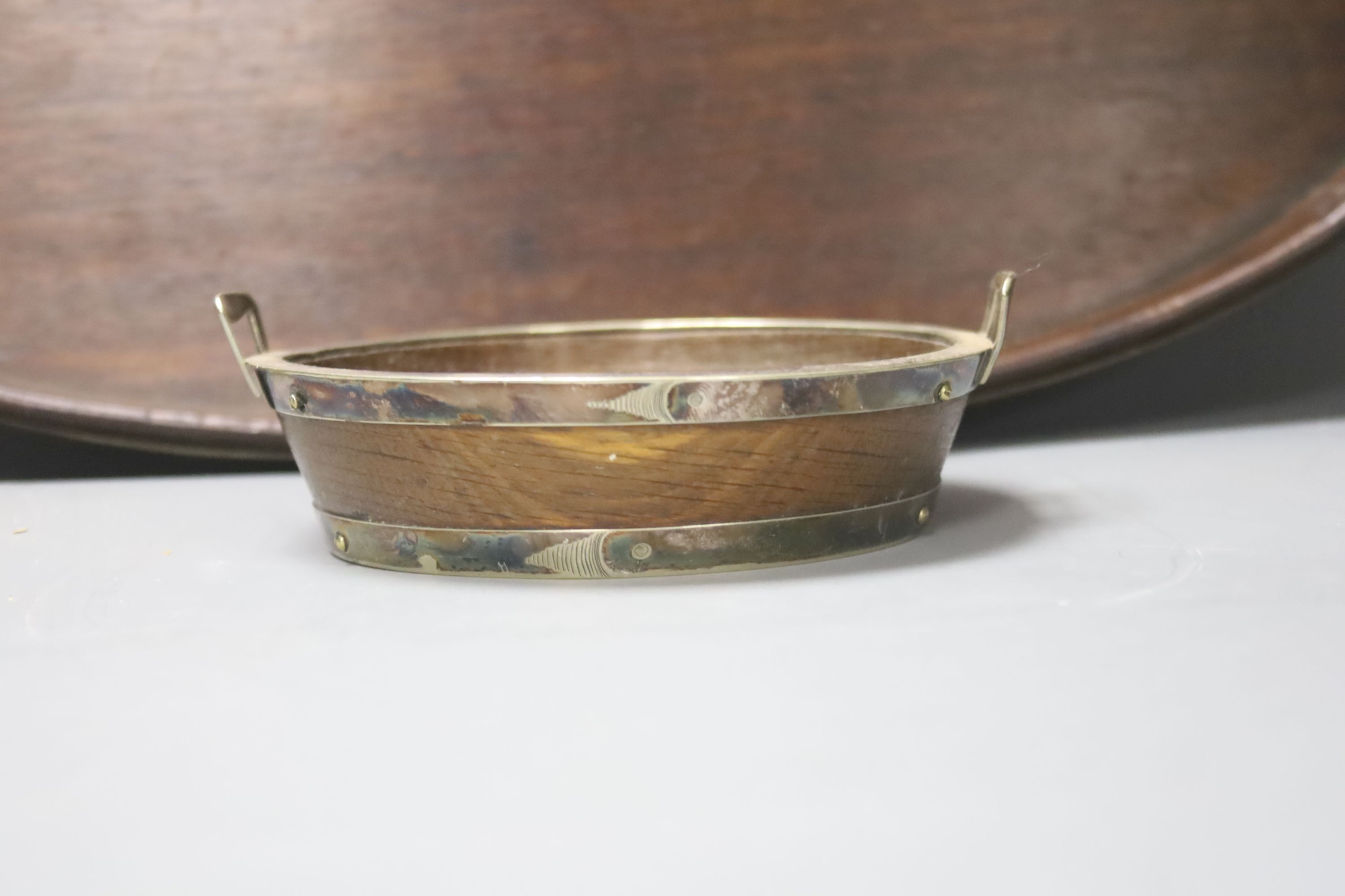 A George III brass bound oval tray and a small Victorian oak oak tray 52cm
